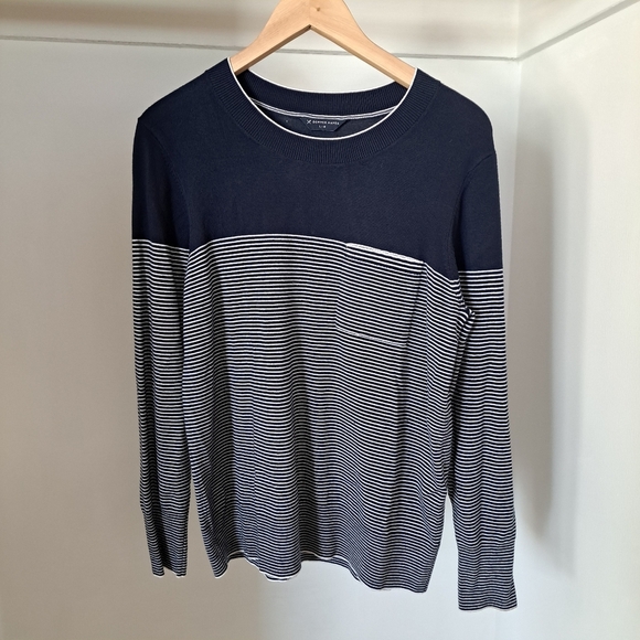 Denver Hayes | Navy blue & white striped crew neck men's sweater - Picture 2 of 10